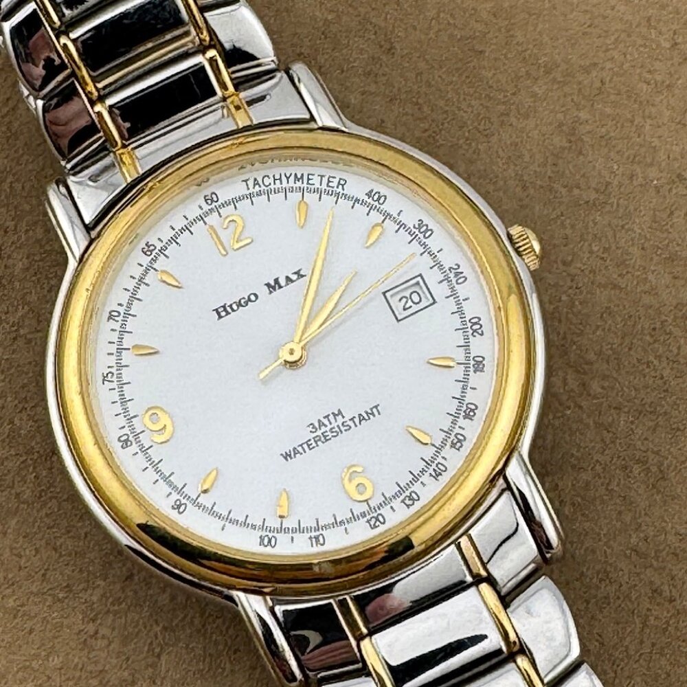 Vintage Hugo Maxx Euro Design Heavy 18K Gold Plated and Stainless Steel Watch